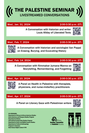 Light green background poster with 5 livestreamed conversations on Palestine Seminar
