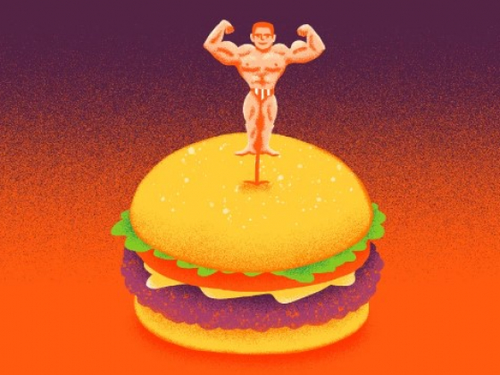 An illustrated burger has a toothpick running through it with a strong man on top