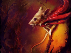 Mouse with a red cape balancing on the top of a stick, Illustration: “Mrs. Frisby and the Rats of NIHM” courtesy of artist Jon Bass.