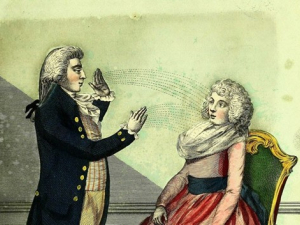 18th Century English man talking to a woman in a chair illustration