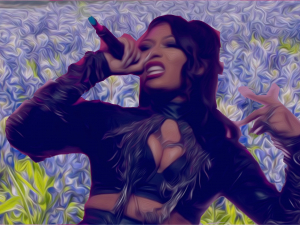 Rapper Megan Thee Stasllion singing in front of a blue and green abstract painting illustration