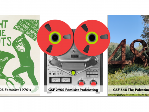 Three images, one green illustrated, one old recording machine ill. and photo outside blue sky and green tree and grass with large 48% sculptor in metal