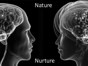 Black background with Two profiled transparent white heads showing brain facing each other and words around them "Biology, Nature, Nurture, Society"