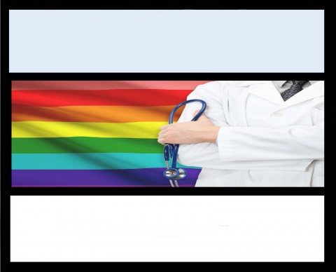 doctor in front of LGBTQ flag