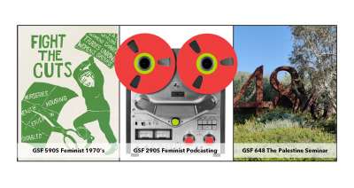 Three images, one green illustrated, one old recording machine ill. and photo outside blue sky and green tree and grass with large 48% sculptor in metal