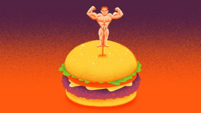 An illustrated burger has a toothpick running through it with a strong man on top