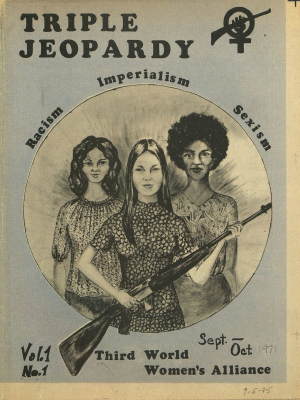 Black and white drawing of three women with the front woman holding a shot gun across her body.  All in dresses.